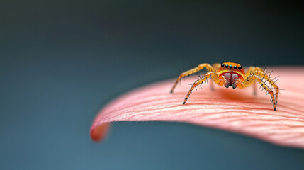 Wall Mural - Close-up of a vibrant spider resting on a pink petal with a blurred background.