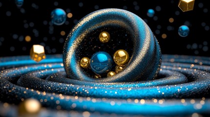 Abstract 3D Sphere with Glittering Texture and Golden Balls