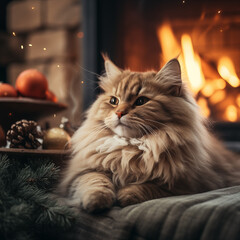  A fluffy cat near a fireplace, bathed in warm light, creating a cozy winter mood. 