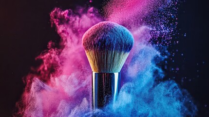 Advertisement pictures for makeup brushes. A makeup brush gently dusting colorful powder with vibrant hues of eyeshadow spreading in the air.