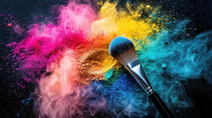 Wall Mural - advertisement pictures for makeup brushes. a makeup brush gently dusting colorful powder with vibran