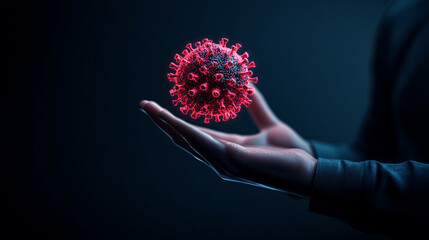 Conceptual representation of a virus in a human hand with dark background.