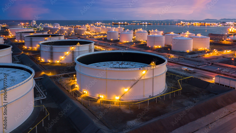 Aerial view oil and gas refinery depot industrial facility storage tank ...