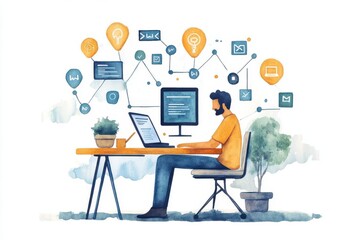 Poster - A person working on a laptop at a desk, surrounded by colorful icons representing technology, data, and communication.