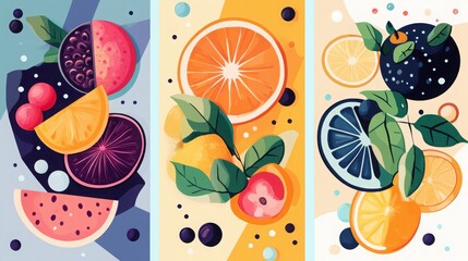 Poster - Vibrant flat illustrations of fruits in diverse artistic styles a visual feast of color and design