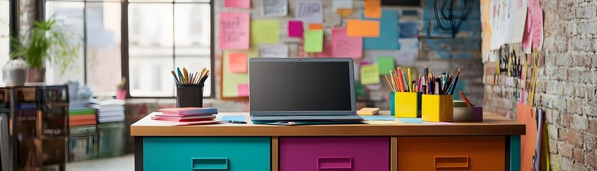 Poster - A Minimalist Workspace with a Laptop, Pencils, and Colorful Desk Organizers
