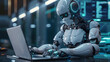 © master graphics  - humanoid robot trading on stock exchange in the office
