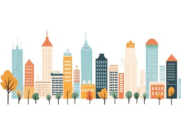 Fototapete - Cityscape Illustration With Skyscrapers At The Waterfront isolated On A white Background.