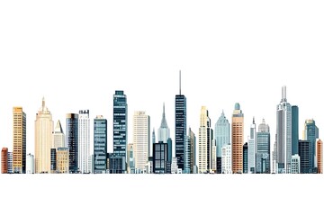Fototapete - Cityscape Illustration With Skyscrapers At The Waterfront isolated On A white Background.