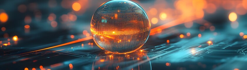 Poster - Glowing Sphere Resting on Circuit Board with Orange and Blue Lights