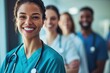 © khalid_spk - Hospital medical team banner with group of smiling healthy doctors and nurses