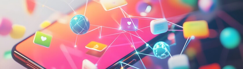 Poster - Smartphone with Abstract Colorful Icons and Network Lines