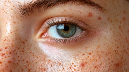 Poster - A detailed close-up reveals the striking colors of an eye, surrounded by freckles on the skin. The natural light highlights these features beautifully.