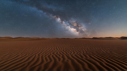Milky Way Galaxy over Desert Sand Dunes at Night.