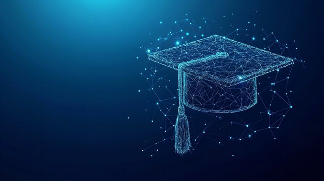 Abstract low poly wireframe of digital modern education concept with graduation hat on blue background Digital illustration symbol for online learning. copy space for text
