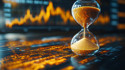 Poster - A close-up of an hourglass with flowing sand, set against a background of financial data charts and graphs illustrating time and investment.