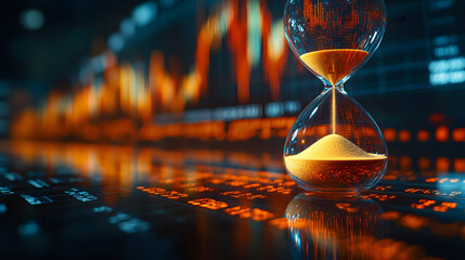 Poster - A close-up of an hourglass filled with sand, set against a backdrop of glowing financial graphs, symbolizing the passage of time in trading or investments.