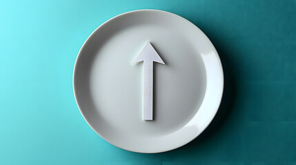 Poster - A minimalistic white plate featuring a prominent upward arrow, set against a teal background, conveying a sense of direction and positivity.