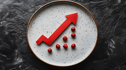 Poster - A red upward arrow and small round objects on a white plate, set against a dark surface, symbolizes growth and progress.