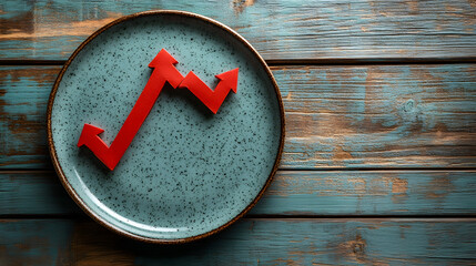 Poster - A red graph arrow sits on a blue speckled plate against a wooden background, symbolizing growth and positive trends.
