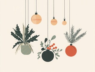 Poster - minimalist holiday decorations featuring plants and ornaments for festive design inspiration