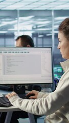Poster - computer scientist working in diverse computer network security data center workplace, ensuring opti