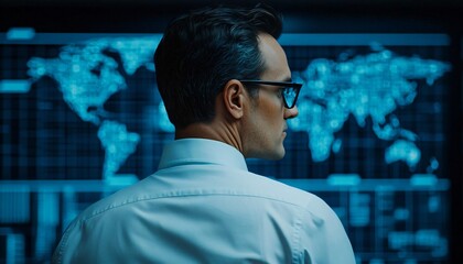 Poster - A focused professional analyzing global data on a digital screen, showcasing modern technology and international insights.