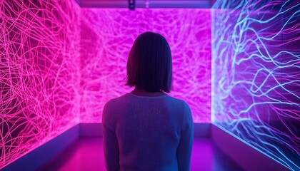 Poster - A woman gazes into a mesmerizing room filled with vibrant pink and blue light patterns, evoking a sense of wonder and exploration.