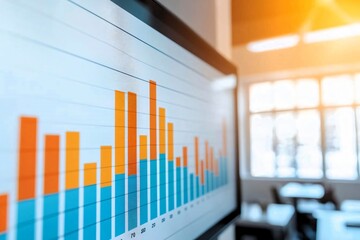 Poster - Close-up of a colorful data visualization on a monitor, showcasing rising trends in a modern workspace during sunset.
