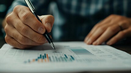 Poster - Close-up of a hand holding a pen, analyzing graphs and charts on a printed report. Ideal for finance and business themes.