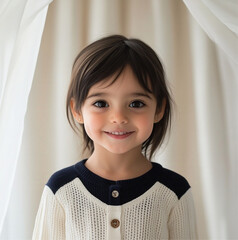 8 years old cute smile Fair skin little middle east girl black hair middle east wearing A cream-colored sweater with a black collar and buttons, white sleeves with dark blue patches on the shoulders