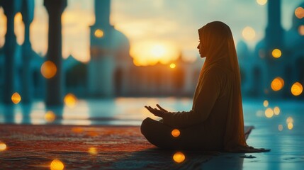 A beautiful charm Muslim woman wearing a hijab is praying People religious lifestyle background wallpaper AI generated image