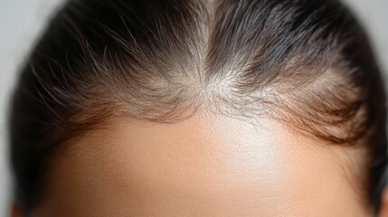Poster - The close-up focuses on a woman's hairline, revealing the delicate texture of her fine hair against a smooth scalp, illuminated by gentle light.