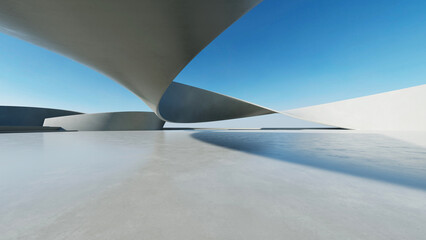 Poster - 3d render of white futuristic architecture, abstract wavy structure with empty concrete floor