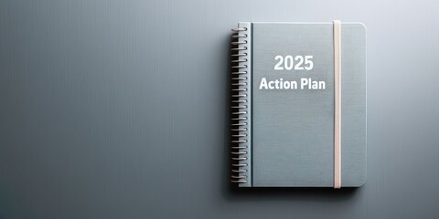 Poster - Modern 2025 action plan notebook on a textured background, perfect for organizing goals and tasks with a sleek design.