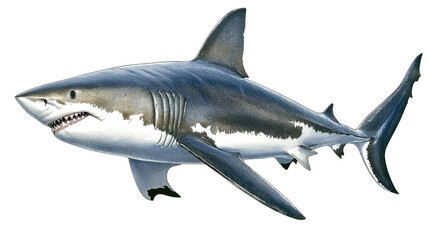 Poster - Detailed Shark Illustration Showcasing a Great White Underwater Generative AI