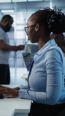 Poster - portrait of happy computer scientist programming in ai data center used for machine learning trainin