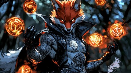 Anthropomorphic Fox Sorcerer Wielding Mystical Powers in Enchanting Forest