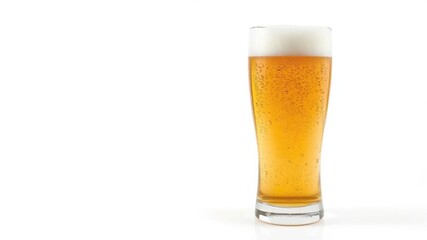 Beer glass with condensation creating droplets on a plain white background, refreshing, droplets, refreshment