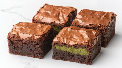 Delicious brownies with a rich chocolate layer and green center, isolated on white.