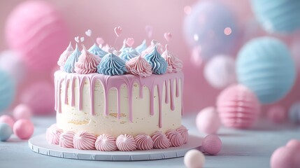 Wall Mural - Baby shower cake with pastel decorations, soft light, 3D illustration