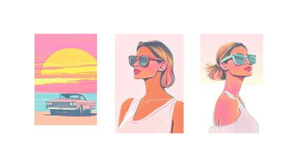 Poster - vibrant summer art featuring stylish women and classic cars generative ai