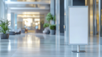 White display stand mockup in office lobby
