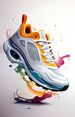 Colorful sports sneakers with flying shoe abstract painting