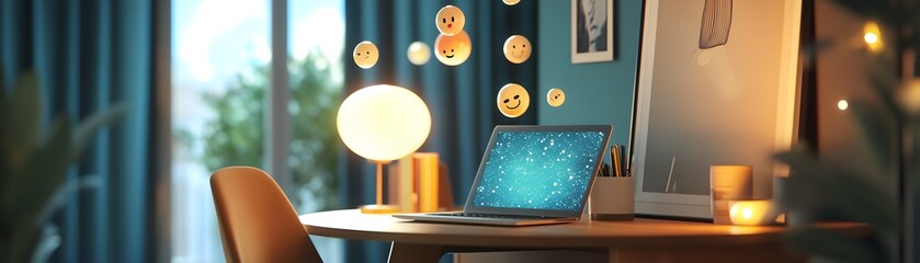 Poster - Laptop on a Desk with Floating Emojis and a Lamp