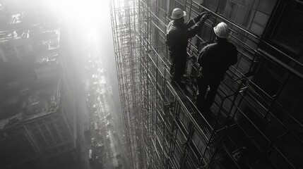 Poster - Two construction workers ascend scaffolding on a building site amidst a foggy backdrop of a bustling city, focusing on their tasks.