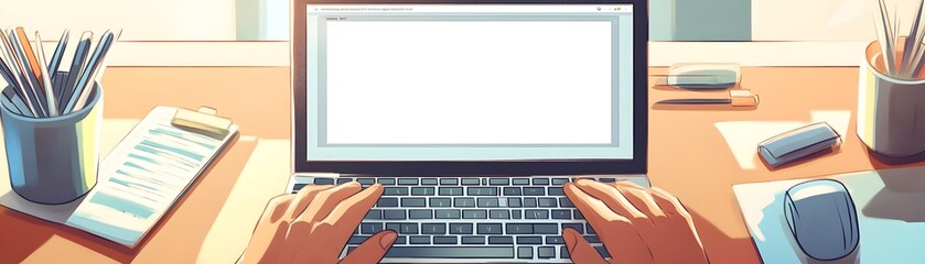 Poster - A person's hands typing on a laptop with a blank screen, on a desk with various office supplies