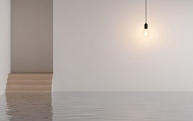 Poster - A minimalist interior scene featuring water on the floor, a simple light fixture, and a staircase leading to another room.