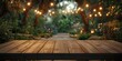 © Xolonavt - Rustic wooden table in the evening garden. Cozy ambiance created by lights in outdoor nature. Charming bokeh a romantic setting. Perfect backdrop for leisure or intimate gatherings.