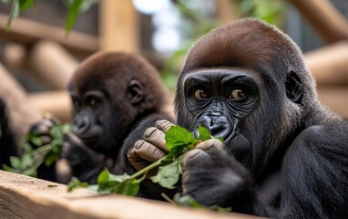 A close-up of two young gorillas eating leaves in a naturalistic setting, showcasing their expressive faces and distinctive features.